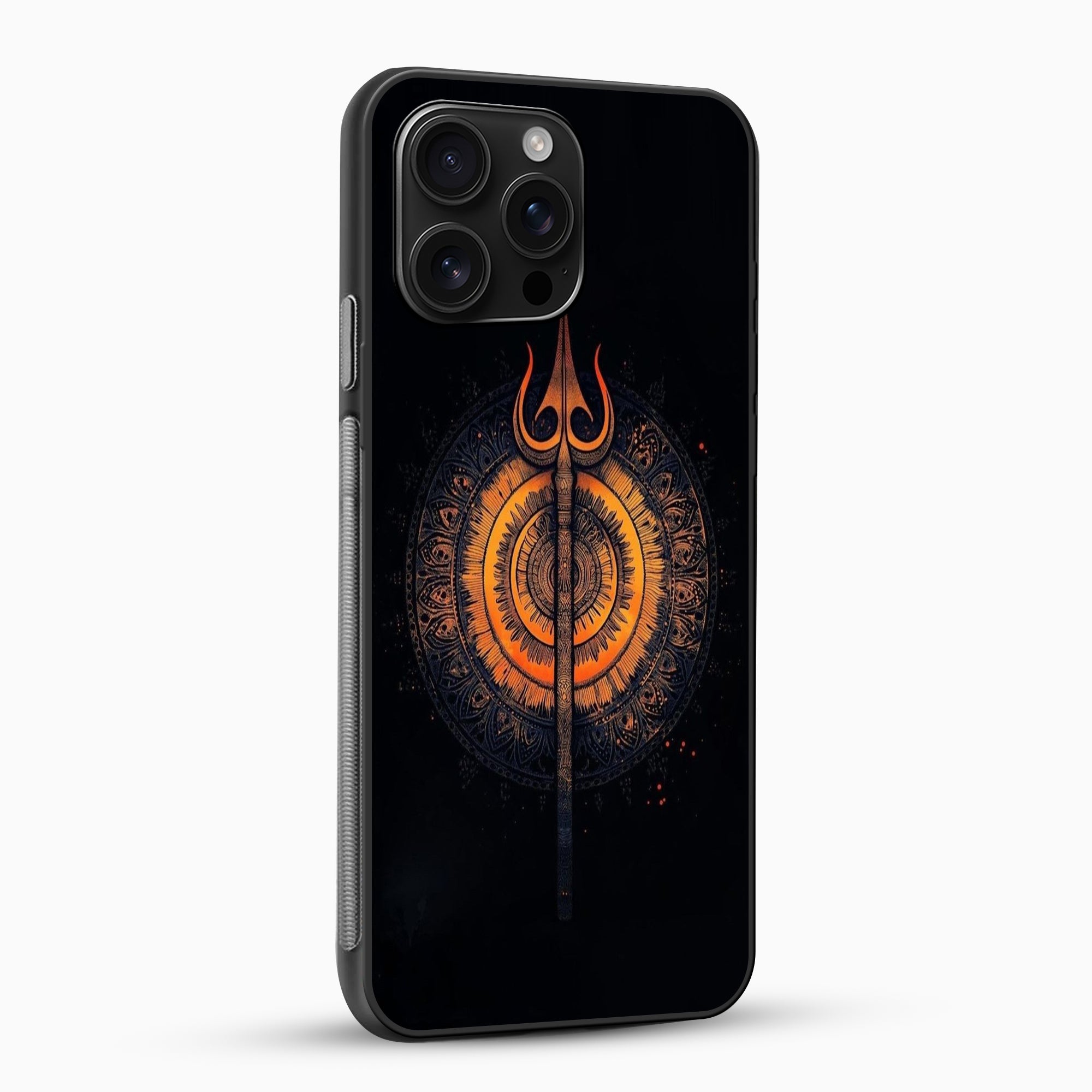 Mahadev Trishul Mandala Premium Mobile Case Phone case with a circular design featuring orange and red colors on a black background