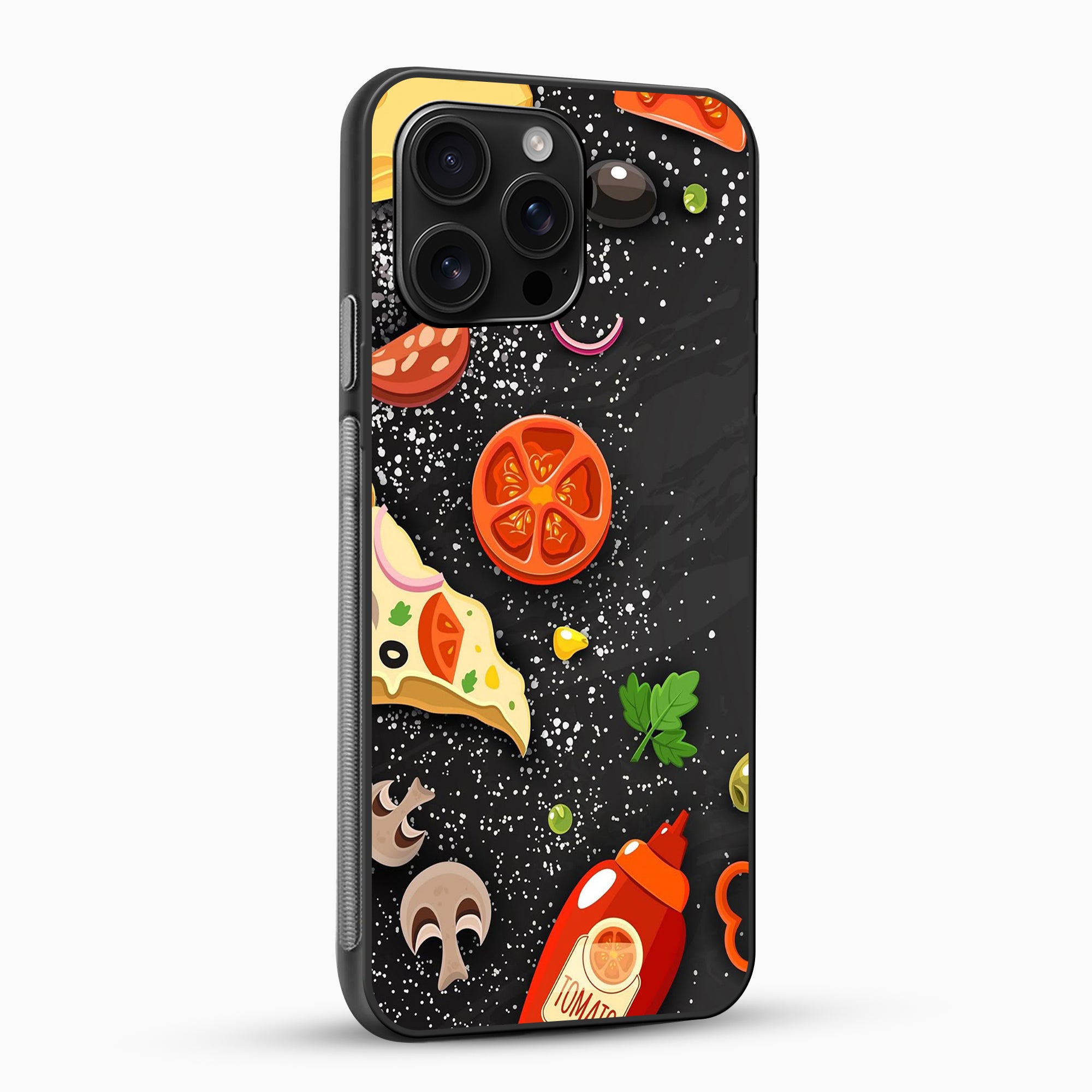 Pizza Theme Printed Phone Case Phone case with pizza-themed design on a black background