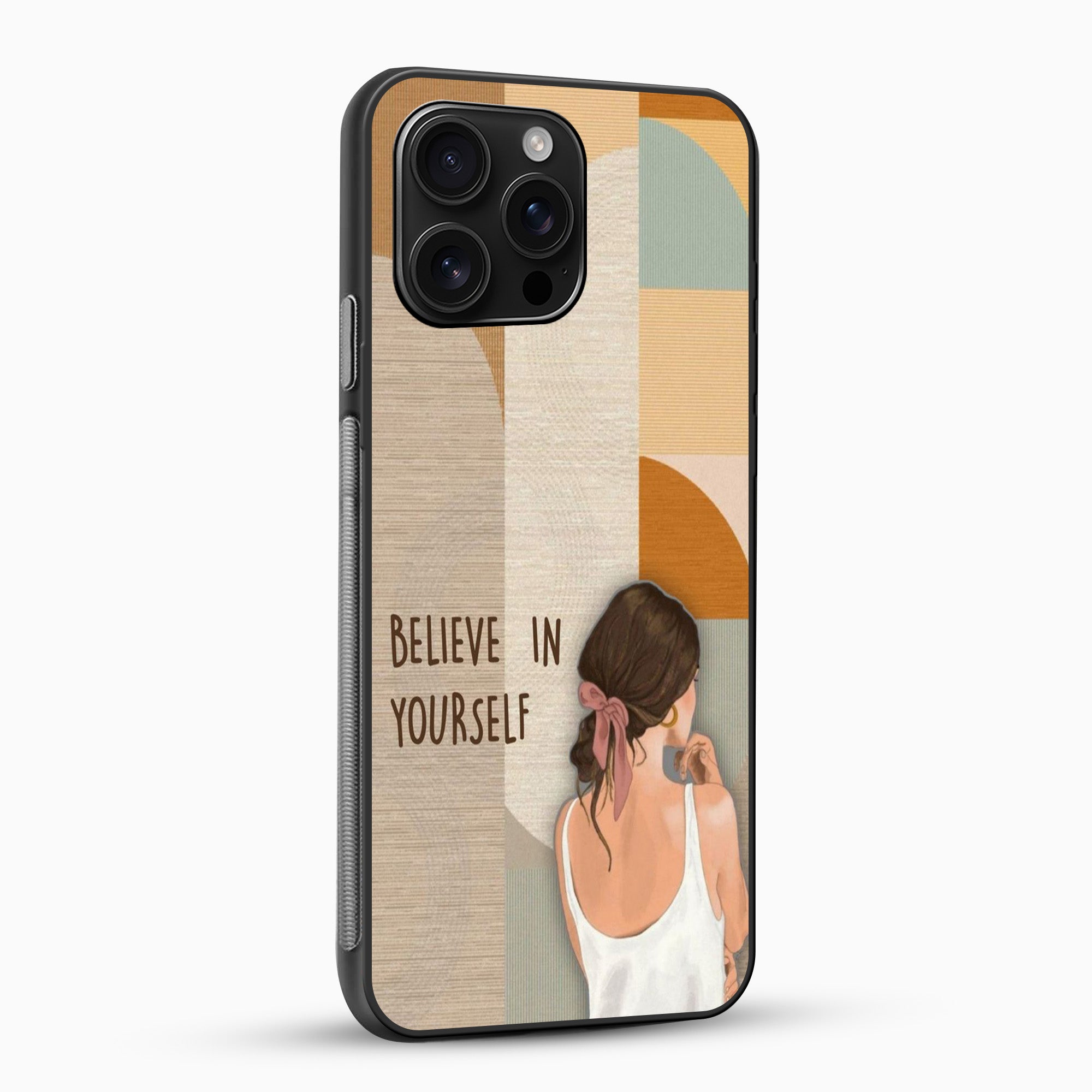 Believe in Yourself Girl Phone Case Phone case with a design of a woman looking at herself in a mirror and the text 'Believe in Yourself'.