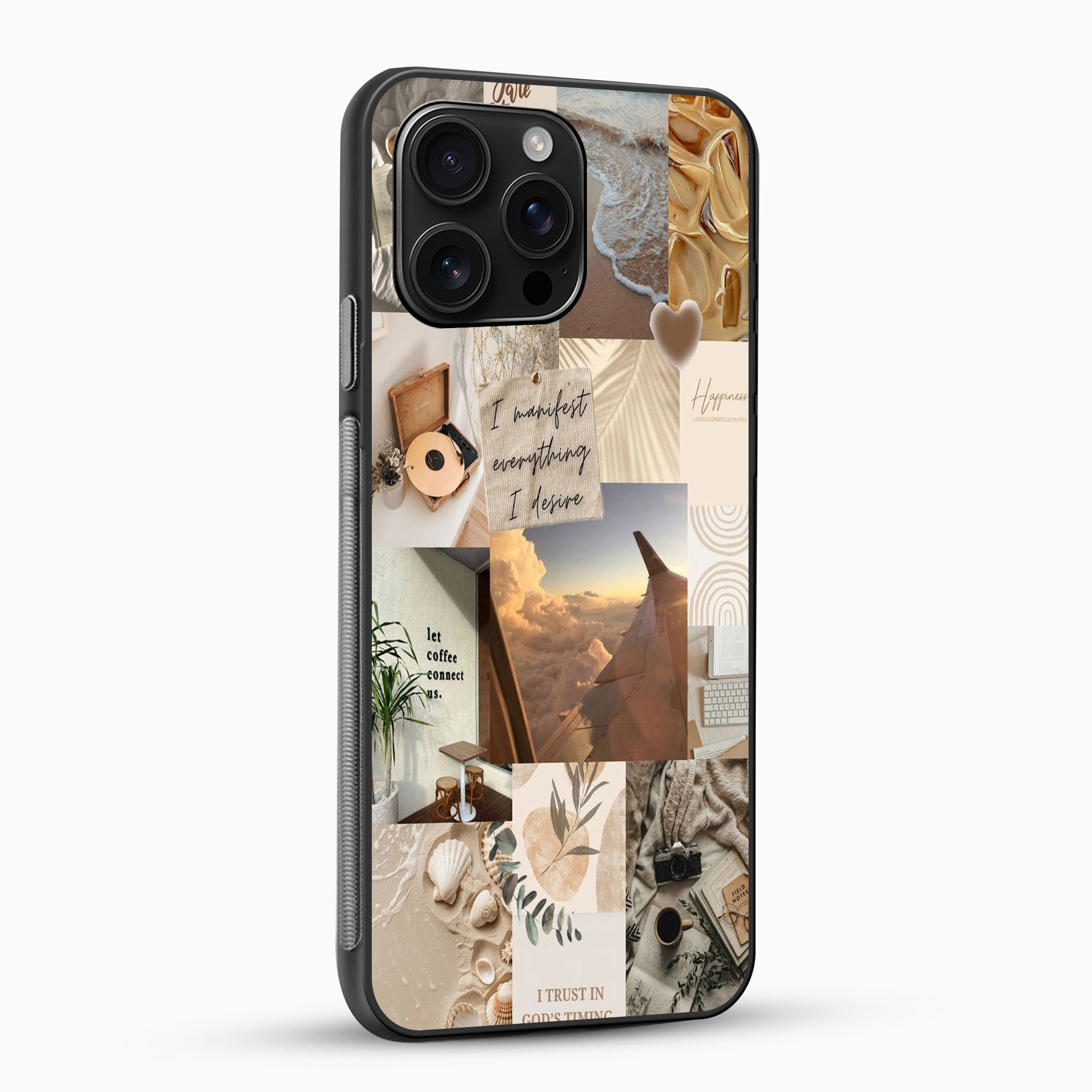 Aesthetic Travel Phone Case Phone case with collage design featuring nature and motivational phrases on a white background
