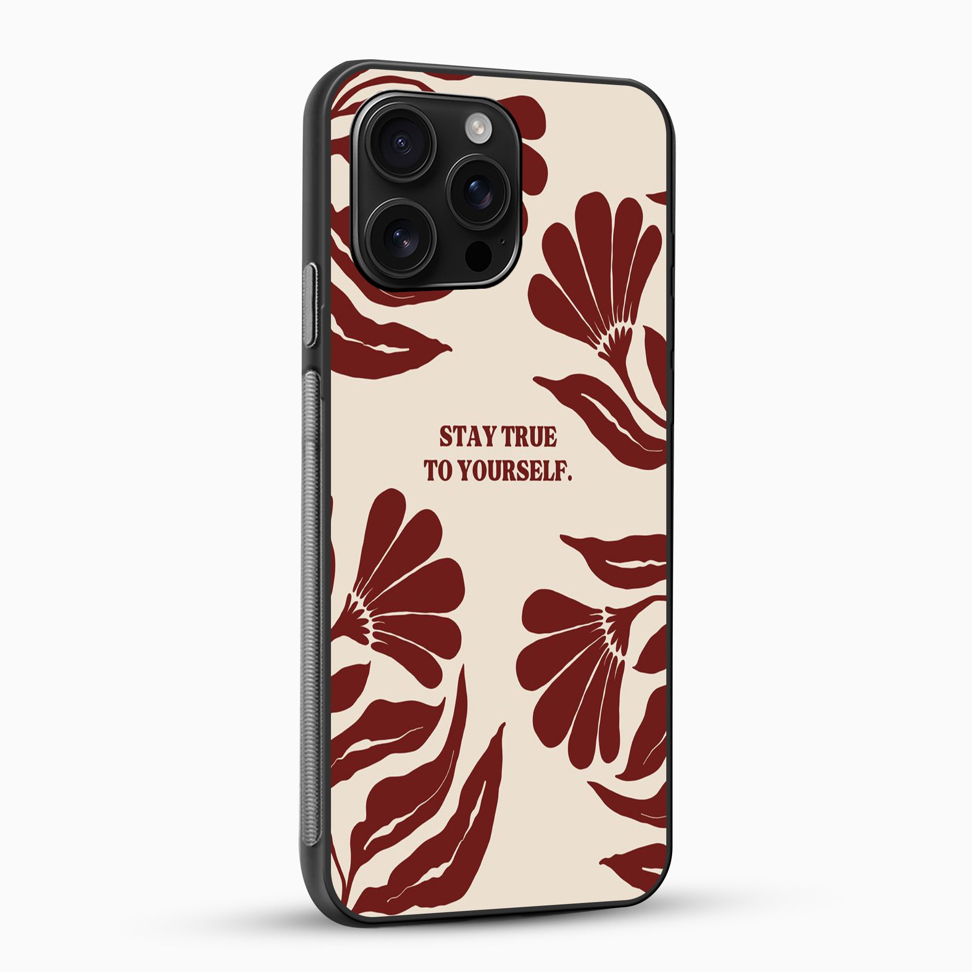 Floral Quote Phone Case Phone case with red floral design and 'Stay True To Yourself' text on a beige background