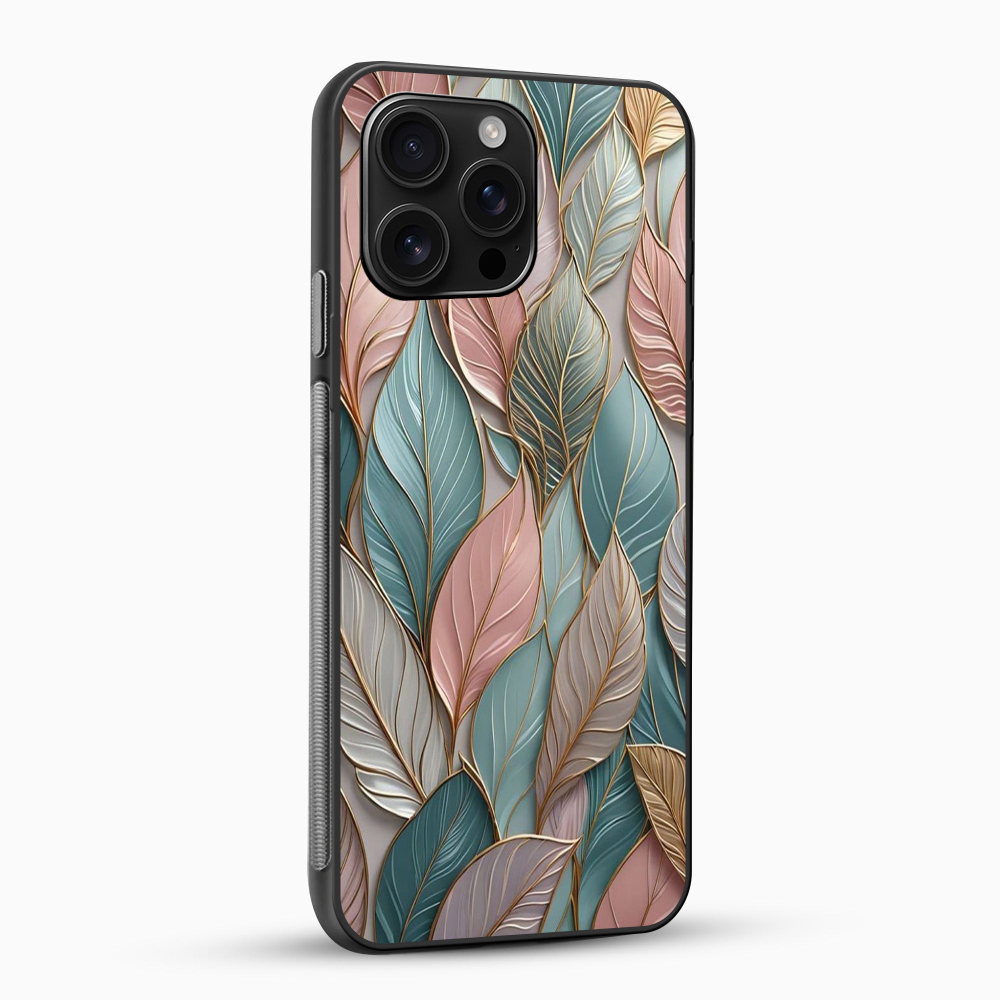 Teal Leaf Pattern Phone Case Phone case with leaf pattern on a white background