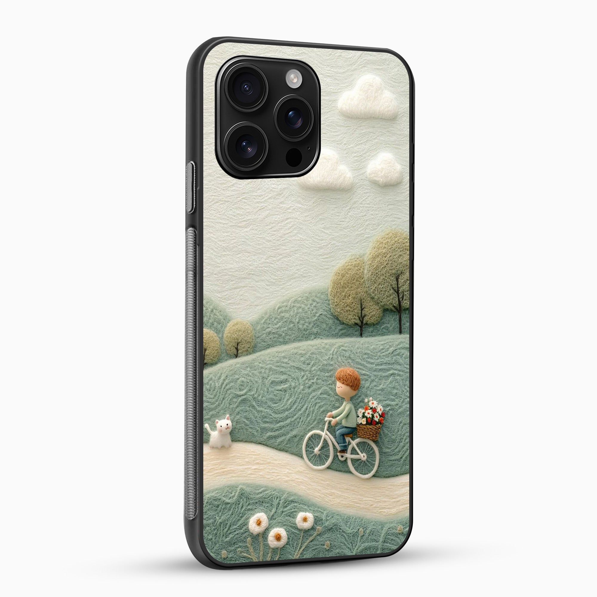 Pastel Ride Mobile Case Phone case with a scenic design of a person on a bicycle and a dog, set against a landscape.