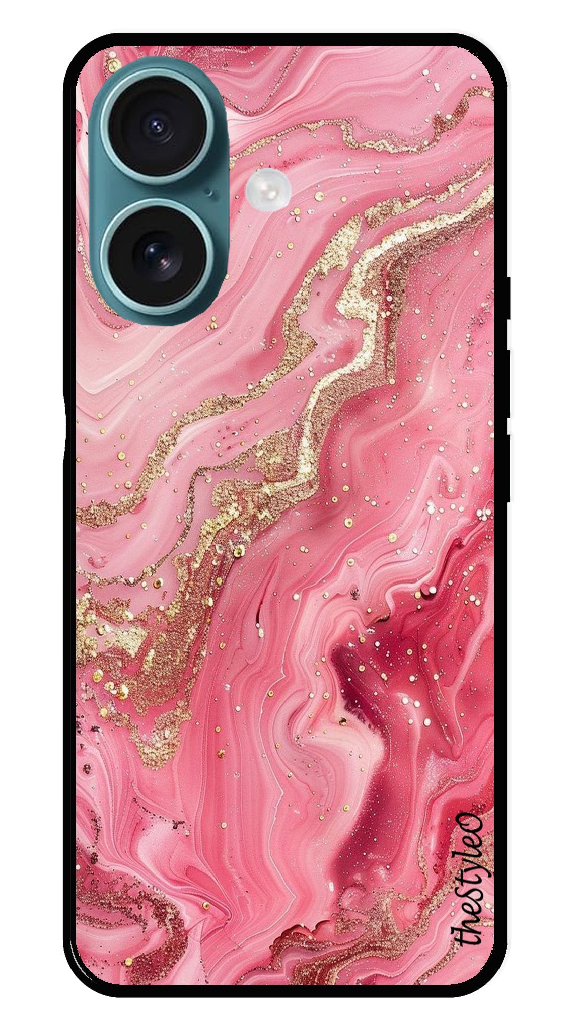 Pink Marble Metal Mobile Case for iPhone 16 Plus Pink Marble Metal Mobile Case for iPhone 16 Plus (Design No -66)