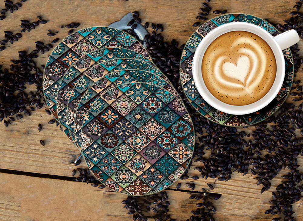 Ethnic Floral Mandala Designer Printed Round Tea Coasters (MDF Wooden, Set Of 6 Pieces) Ethnic Floral Mandala Designer Printed Round Tea Coasters (MDF Wooden, Set Of 6 Pieces)