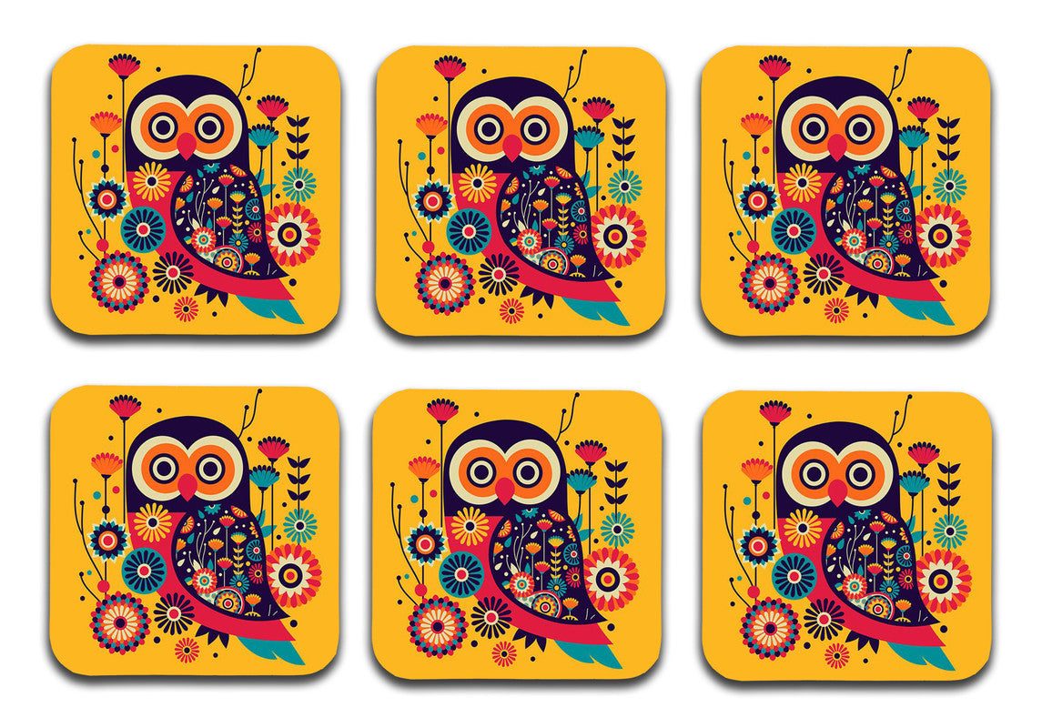 Abstract owl Wooden Designer Printed Square Tea Coasters (MDF Wooden, Set of 6 Pieces) Abstract owl Wooden Designer Printed Square Tea Coasters (MDF Wooden, Set of 6 Pieces)