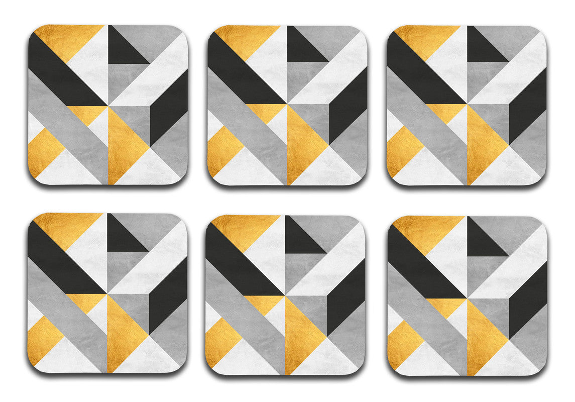 Gold And Gray Pattern Designer Printed Square Tea Coasters With Stand (MDF Wooden, Set Of 6 Pieces Coaster And 1 Stand) Gold And Gray Pattern Designer Printed Square Tea Coasters With Stand (MDF Wooden, Set Of 6 Pieces Coaster And 1 Stand)