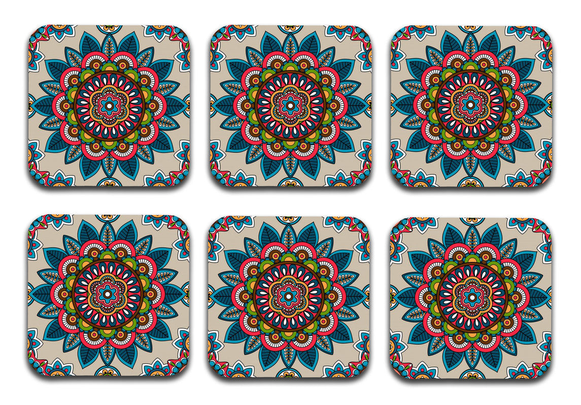 Mandala Wooden Designer Printed Square Tea Coasters (MDF Wooden, Set of 6 Pieces) Mandala Wooden Designer Printed Square Tea Coasters (MDF Wooden, Set of 6 Pieces)