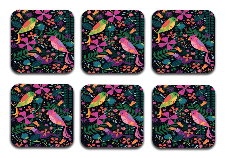 Multicolours Designer Printed Square Tea Coasters With Stand (MDF Wooden, Set Of 6 Pieces Coaster)