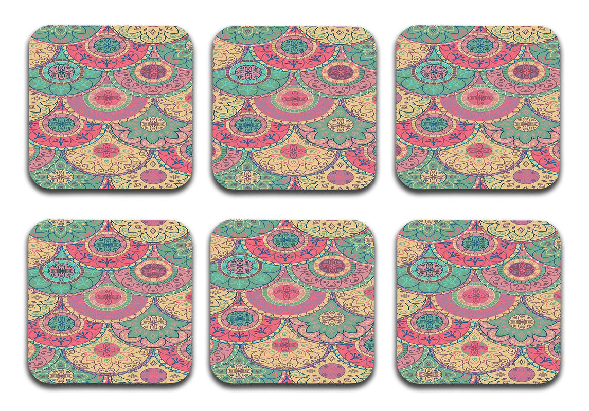 Printed Mandala Art Pattern Designer Printed Square Tea Coasters (MDF Wooden, Set Of 6 Pieces Coaster) Printed Mandala Art Pattern Designer Printed Square Tea Coasters (MDF Wooden, Set Of 6 Pieces Coaster)