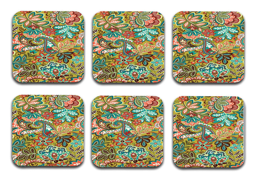 Flowers Designer Printed Square Tea Coasters With Stand (MDF Wooden, Set Of 6 Pieces Coaster And 1 Stand)