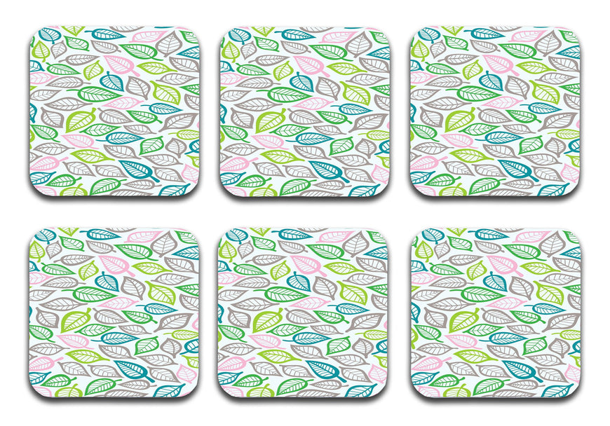 Printed Leaf Pattern Designer Printed Square Tea Coasters  (MDF Wooden, Set Of 6 Pieces Coaster)