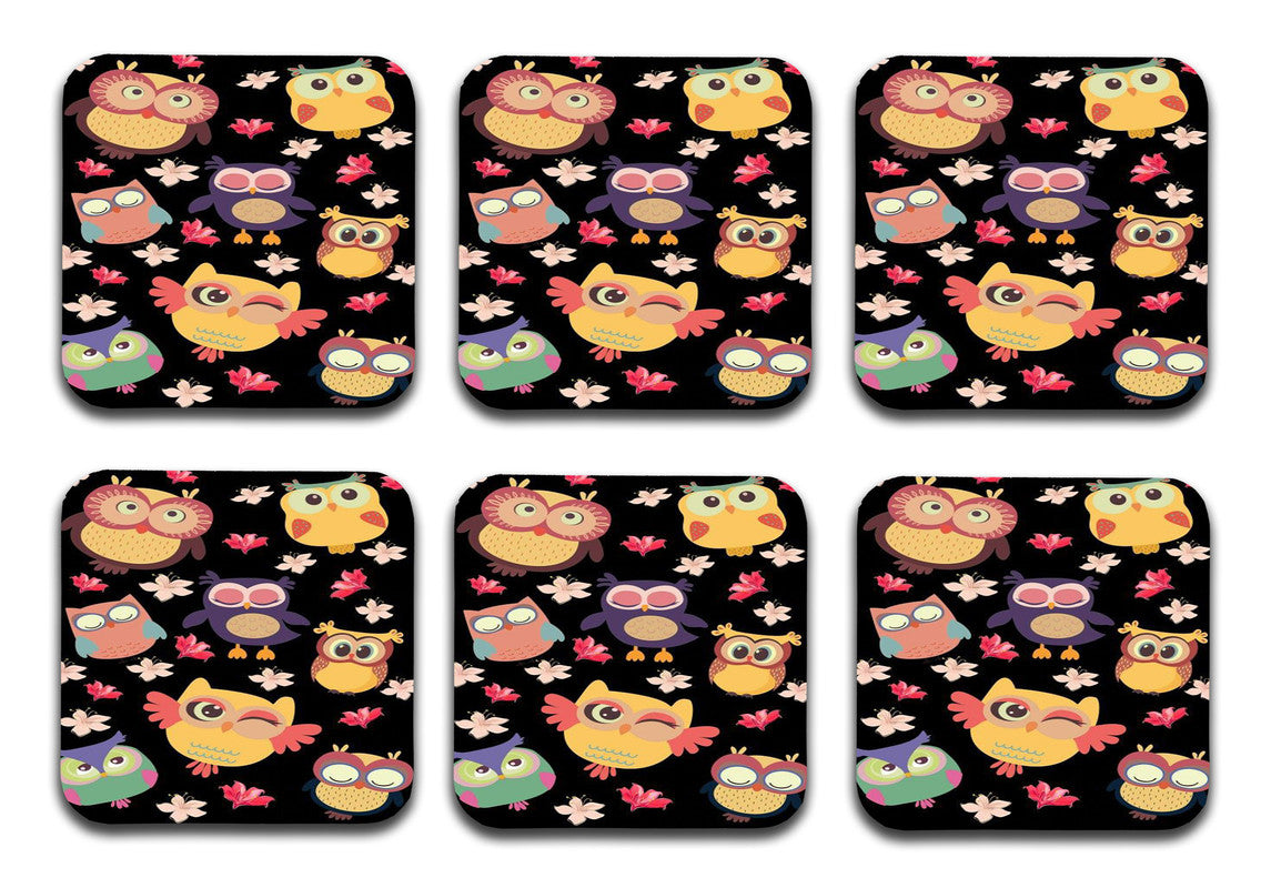 Cute Owls Designer Printed Square Tea Coasters With Stand (MDF Wooden, Set Of 6 Pieces Coaster And 1 Stand) Cute Owls Designer Printed Square Tea Coasters With Stand (MDF Wooden, Set Of 6 Pieces Coaster And 1 Stand)