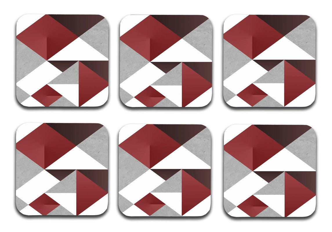 Red And Gray Pattern Designer Printed Square Tea Coasters With Stand (MDF Wooden, Set Of 6 Pieces Coaster And 1 Stand) Red And Gray Pattern Designer Printed Square Tea Coasters With Stand (MDF Wooden, Set Of 6 Pieces Coaster And 1 Stand)
