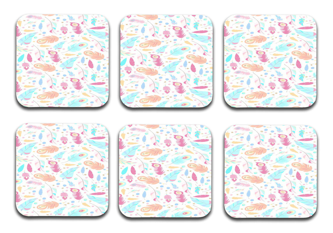 Boho Feather Designer Printed Square Tea Coasters With Stand (MDF Wooden, Set Of 6 Pieces Coaster And 1 Stand) Boho Feather Designer Printed Square Tea Coasters With Stand (MDF Wooden, Set Of 6 Pieces Coaster And 1 Stand)
