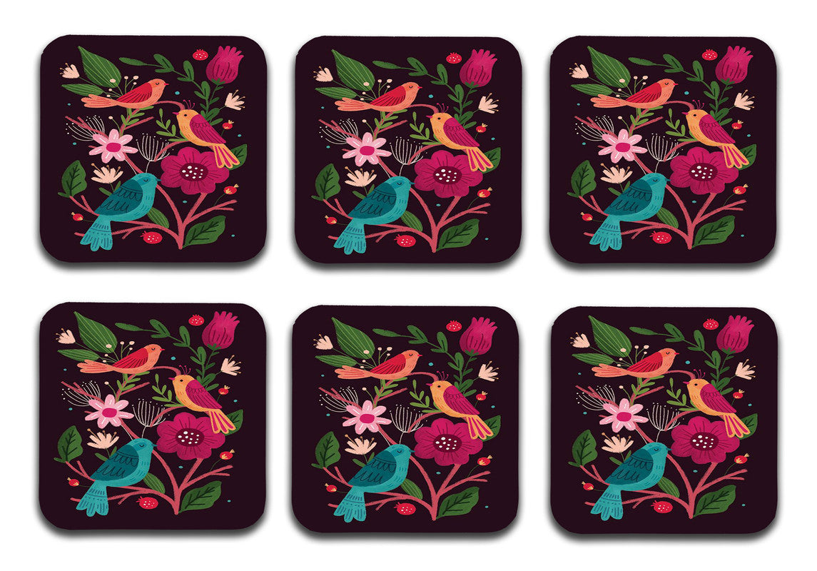 Folk Art Flowers Birds Designer Printed Square Tea Coasters With Stand (MDF Wooden, Set Of 6 Pieces Coaster And 1 Stand) Folk Art Flowers Birds Designer Printed Square Tea Coasters With Stand (MDF Wooden, Set Of 6 Pieces Coaster And 1 Stand)