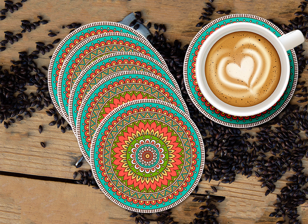 Colorful Mandala Designer Printed Round Tea Coasters (MDF Wooden, Set Of 6 Pieces) Colorful Mandala Designer Printed Round Tea Coasters (MDF Wooden, Set Of 6 Pieces)
