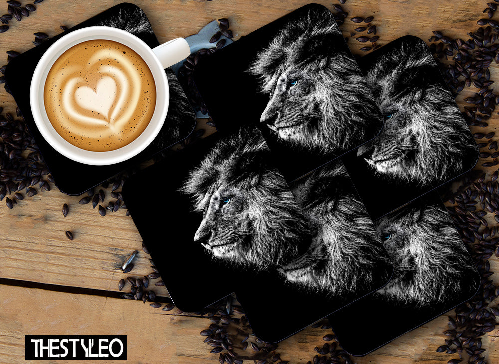 Printed Black Lion Pattern Designer Printed Square Tea Coasters With Stand (MDF Wooden, Set Of 6 Pieces Coaster And 1 Stand) Printed Black Lion Pattern Designer Printed Square Tea Coasters With Stand (MDF Wooden, Set Of 6 Pieces Coaster And 1 Stand)