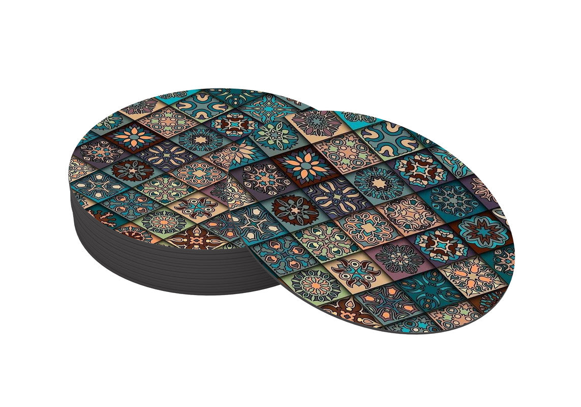 Ethnic Floral Mandala Designer Printed Round Tea Coasters (MDF Wooden, Set Of 6 Pieces) Ethnic Floral Mandala Designer Printed Round Tea Coasters (MDF Wooden, Set Of 6 Pieces)
