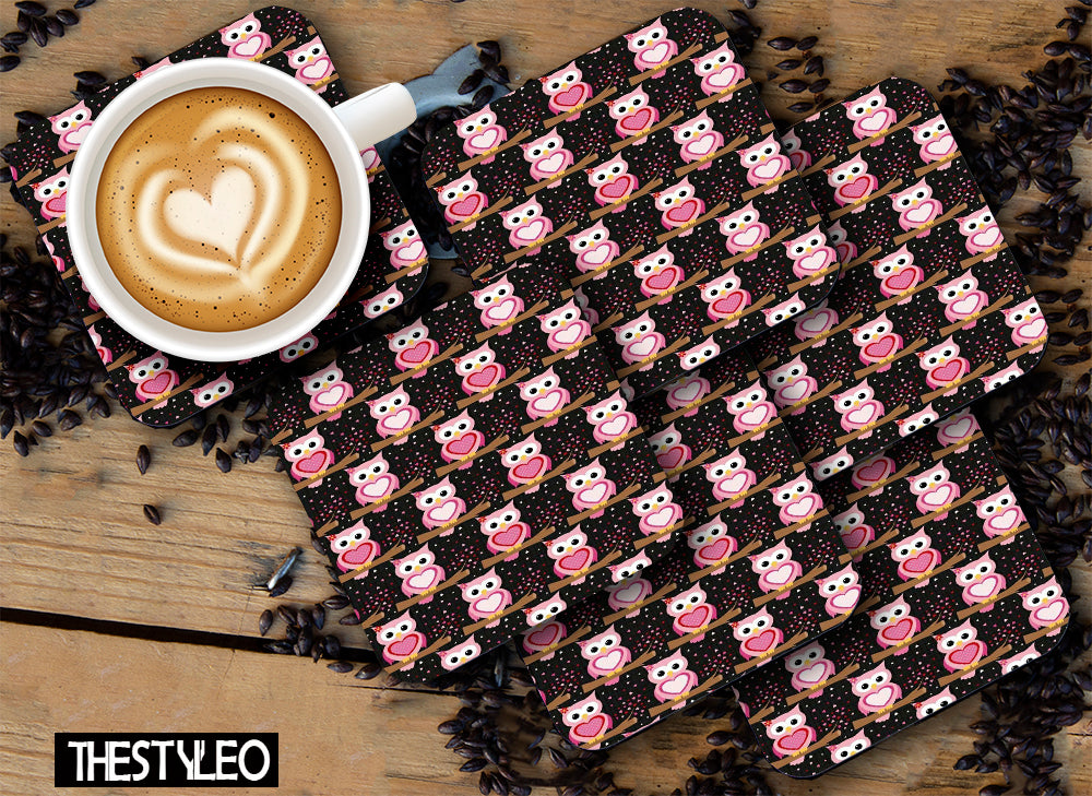 Cute Owls Pattern Designer Printed Square Tea Coasters With Stand (MDF Wooden, Set Of 6 Pieces Coaster And 1 Stand) Cute Owls Pattern Designer Printed Square Tea Coasters With Stand (MDF Wooden, Set Of 6 Pieces Coaster And 1 Stand)
