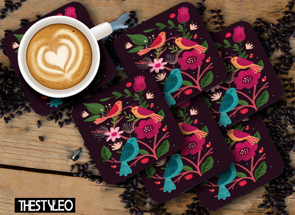 Folk Art Flowers Birds Designer Printed Square Tea Coasters With Stand (MDF Wooden, Set Of 6 Pieces Coaster And 1 Stand) Folk Art Flowers Birds Designer Printed Square Tea Coasters With Stand (MDF Wooden, Set Of 6 Pieces Coaster And 1 Stand)