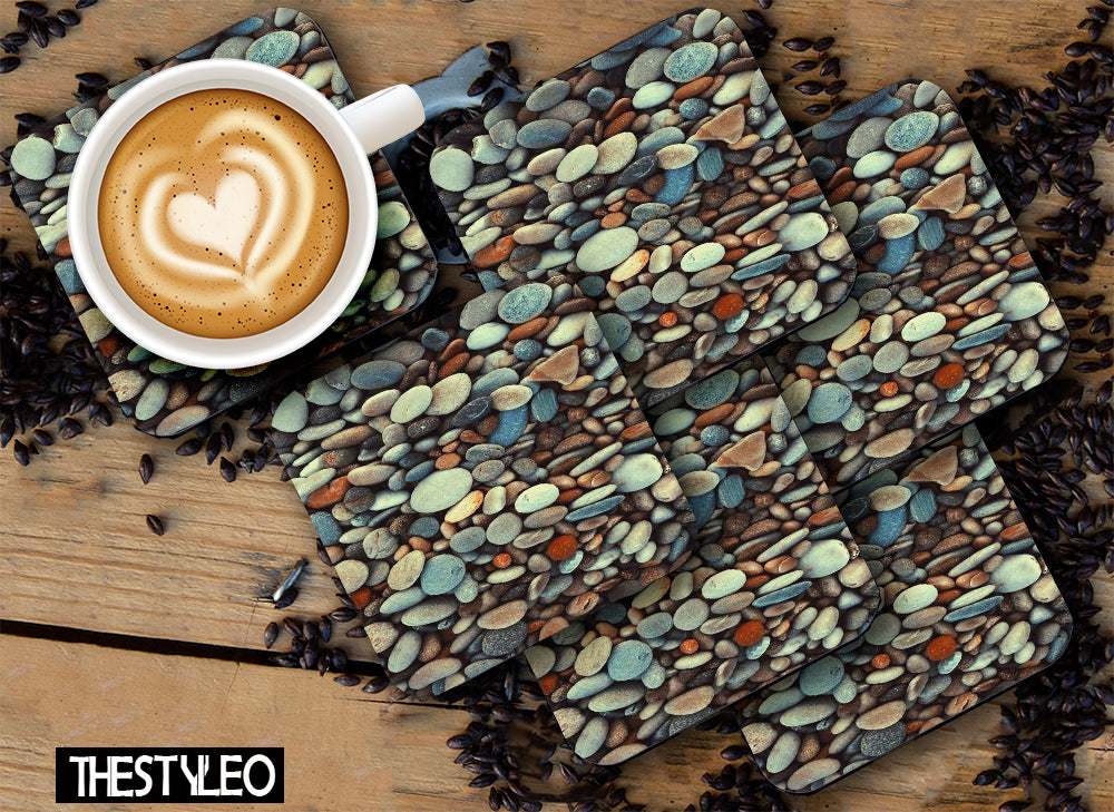 Printed Multi - Pebbles Pattern Designer Printed Square Tea Coasters (MDF Wooden, Set Of 6 Pieces Coaster) Printed Multi - Pebbles Pattern Designer Printed Square Tea Coasters (MDF Wooden, Set Of 6 Pieces Coaster)