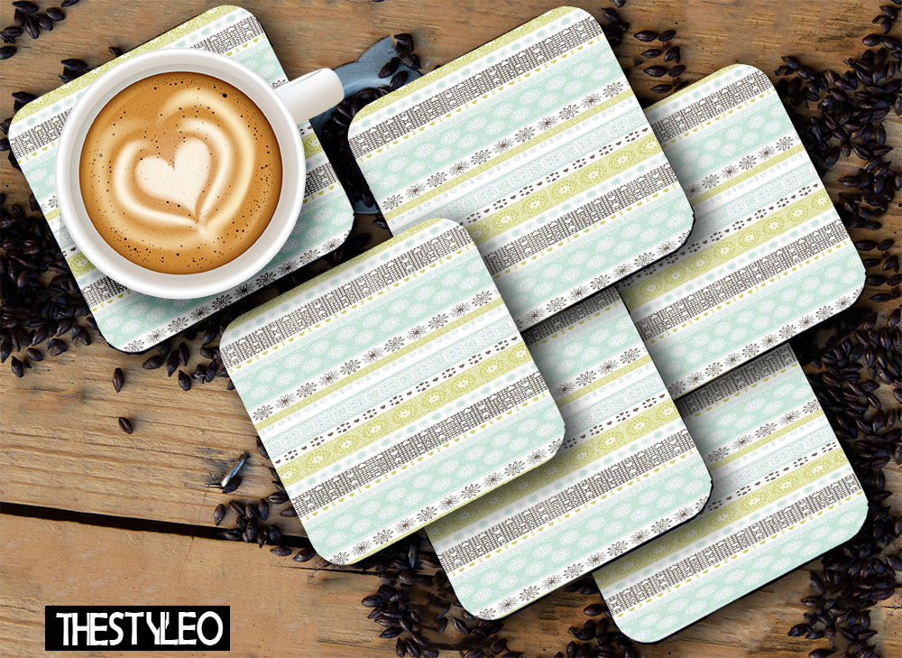 Printed Pattern Designer Printed Square Tea Coasters With Stand (MDF Wooden, Set Of 6 Pieces Coaster And 1 Stand)