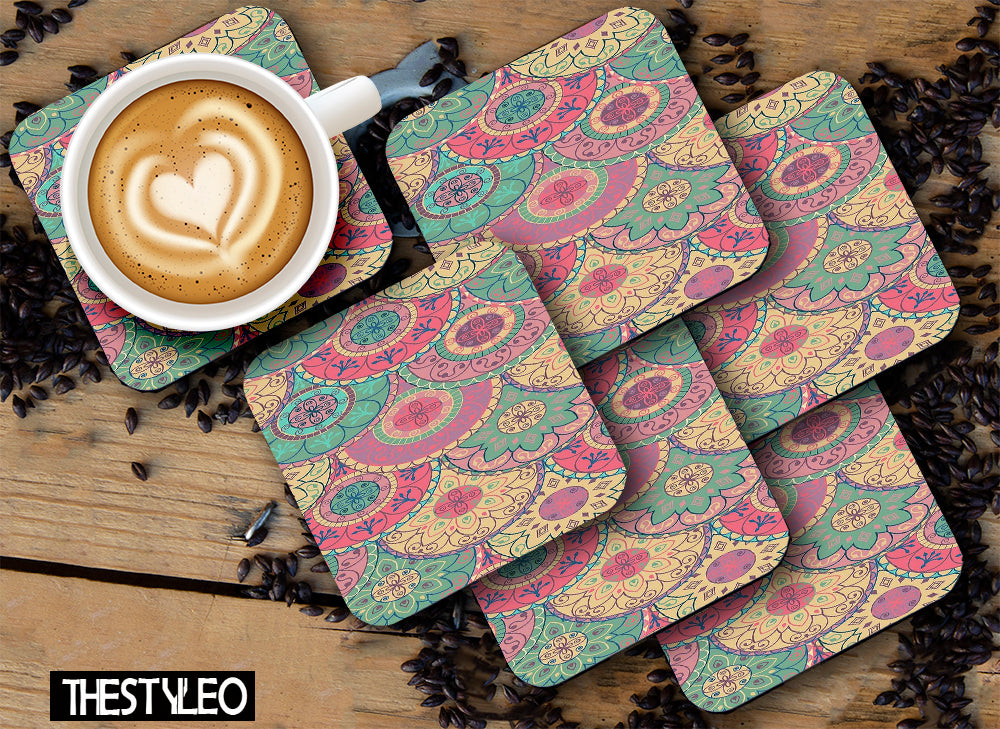 Printed Mandala Art Pattern Designer Printed Square Tea Coasters With Stand (MDF Wooden, Set Of 6 Pieces Coaster And 1 Stand) Printed Mandala Art Pattern Designer Printed Square Tea Coasters With Stand (MDF Wooden, Set Of 6 Pieces Coaster And 1 Stand)