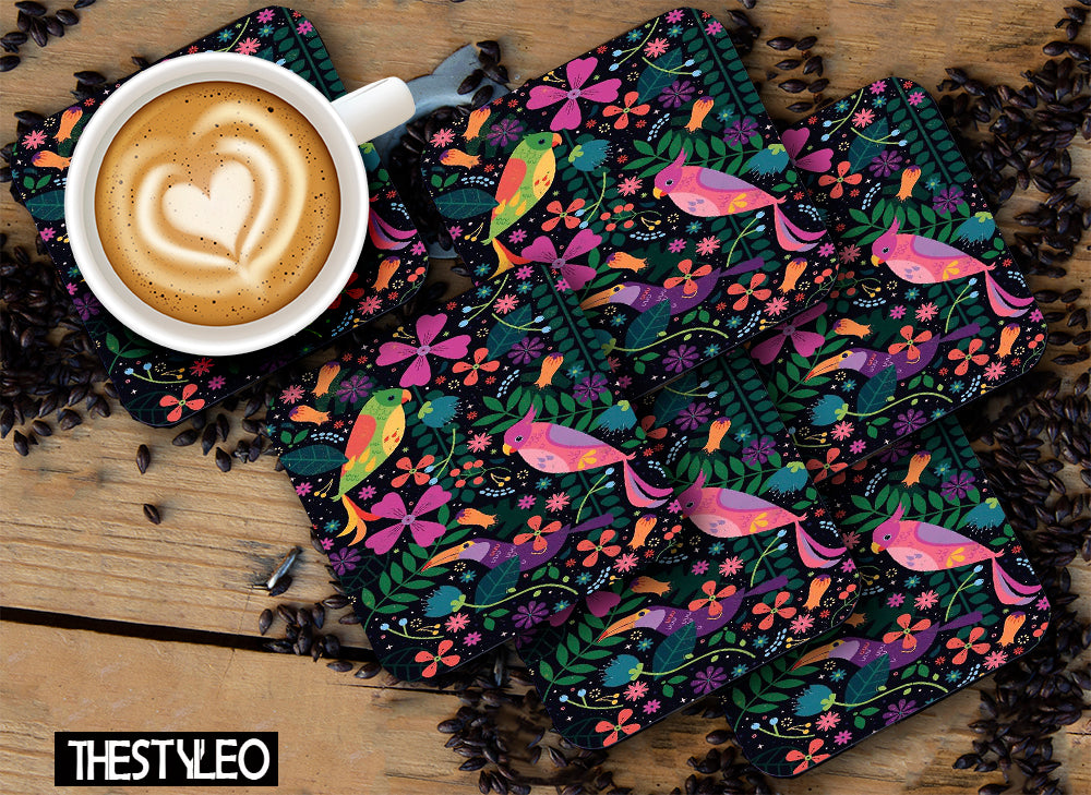 Multicolours Designer Printed Square Tea Coasters With Stand (MDF Wooden, Set Of 6 Pieces Coaster And 1 Stand) Multicolours Designer Printed Square Tea Coasters With Stand (MDF Wooden, Set Of 6 Pieces Coaster And 1 Stand)