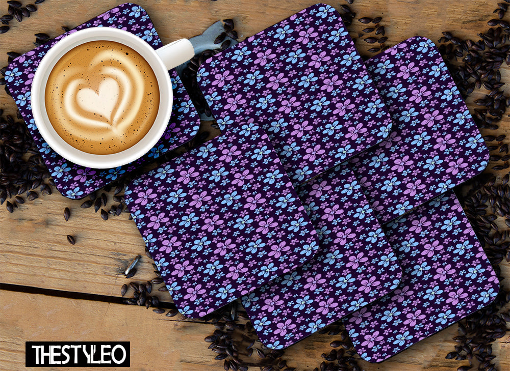 Floral Pattern Designer Printed Square Tea Coasters With Stand (MDF Wooden, Set Of 6 Pieces Coaster And 1 Stand) Floral Pattern Designer Printed Square Tea Coasters With Stand (MDF Wooden, Set Of 6 Pieces Coaster And 1 Stand)