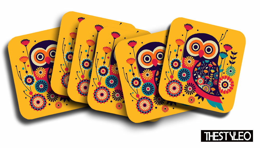 Abstract owl Wooden Designer Printed Square Tea Coasters (MDF Wooden, Set of 6 Pieces) Abstract owl Wooden Designer Printed Square Tea Coasters (MDF Wooden, Set of 6 Pieces)