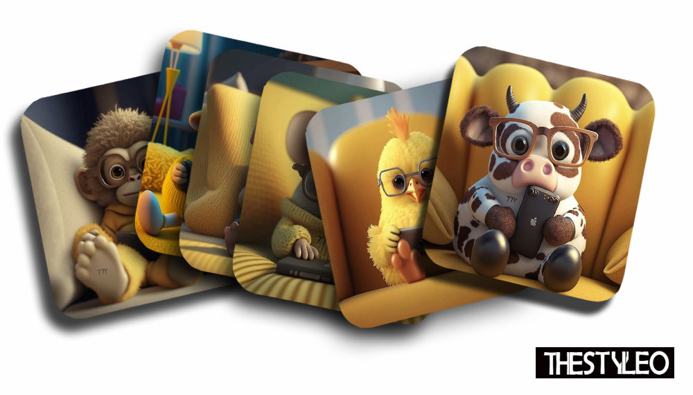 Cute Monkey MDF Wooden Printed Square Coasters for Home and Kitchen | Dining Table Decor (Set of 6 Pieces) Cute Monkey MDF Wooden Printed Coasters