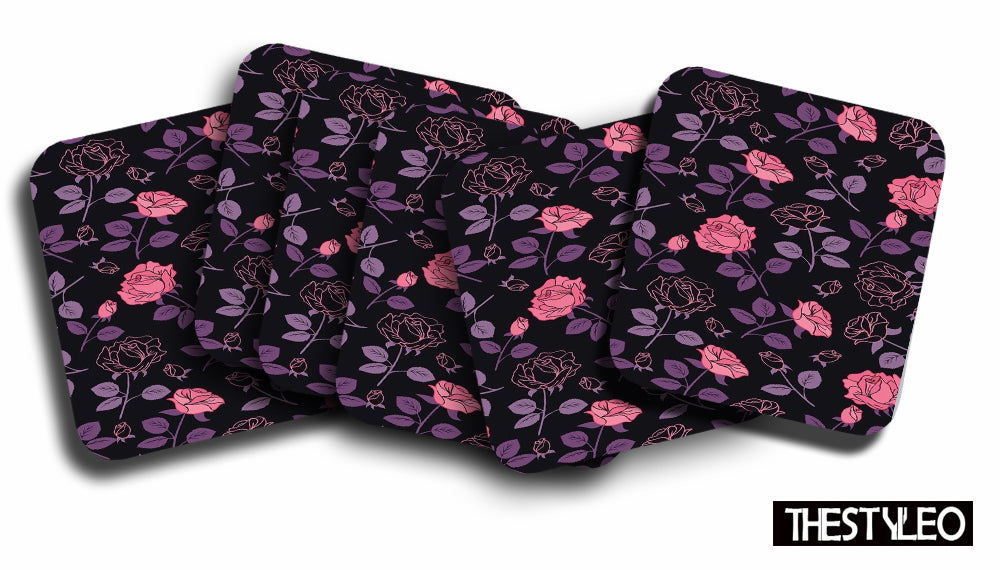 Pink Flower Designer Printed Square Tea Coasters With Stand (MDF Wooden, Set Of 6 Pieces Coaster And 1 Stand) Pink Flower Designer Printed Square Tea Coasters With Stand (MDF Wooden, Set Of 6 Pieces Coaster And 1 Stand)