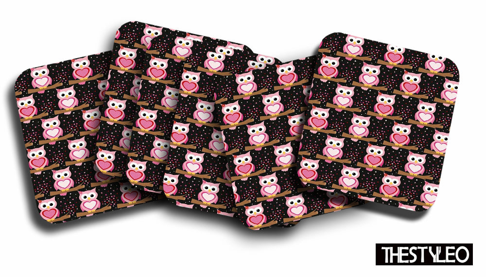 Cute Owls Pattern Designer Printed Square Tea Coasters With Stand (MDF Wooden, Set Of 6 Pieces Coaster And 1 Stand) Cute Owls Pattern Designer Printed Square Tea Coasters With Stand (MDF Wooden, Set Of 6 Pieces Coaster And 1 Stand)