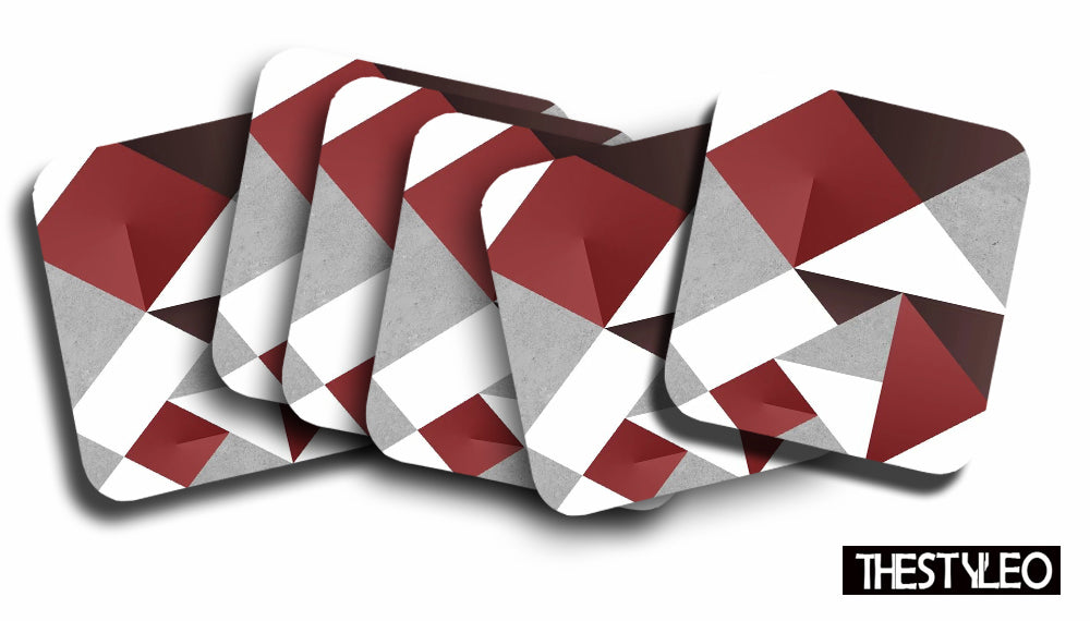 Red And Gray Pattern Designer Printed Square Tea Coasters With Stand (MDF Wooden, Set Of 6 Pieces Coaster And 1 Stand) Red And Gray Pattern Designer Printed Square Tea Coasters With Stand (MDF Wooden, Set Of 6 Pieces Coaster And 1 Stand)