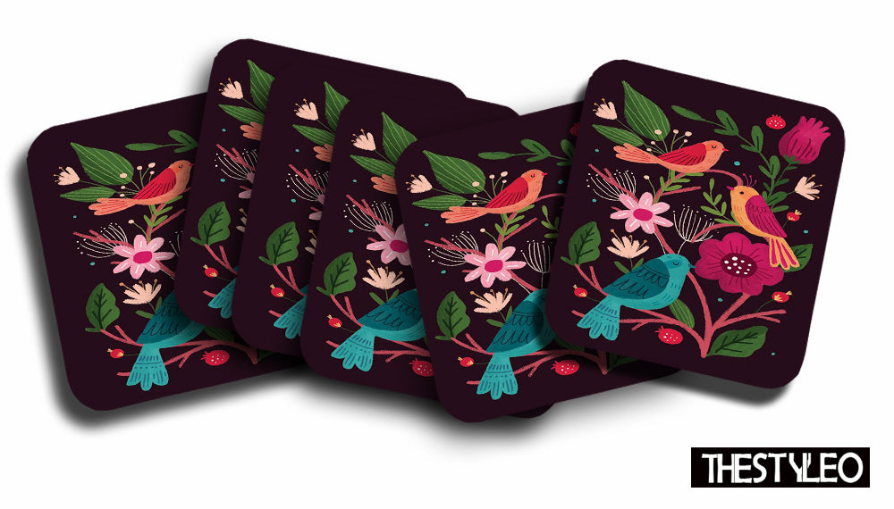 Folk Art Flowers Birds Designer Printed Square Tea Coasters With Stand (MDF Wooden, Set Of 6 Pieces Coaster And 1 Stand) Folk Art Flowers Birds Designer Printed Square Tea Coasters With Stand (MDF Wooden, Set Of 6 Pieces Coaster And 1 Stand)