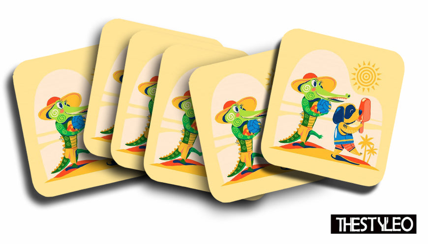 Cute Crocodile Wooden Designer Printed Square Tea Coasters (MDF Wooden,Setof 6 Pieces)