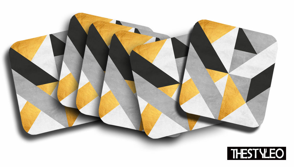 Gold And Gray Pattern Designer Printed Square Tea Coasters With Stand (MDF Wooden, Set Of 6 Pieces Coaster And 1 Stand) Gold And Gray Pattern Designer Printed Square Tea Coasters With Stand (MDF Wooden, Set Of 6 Pieces Coaster And 1 Stand)