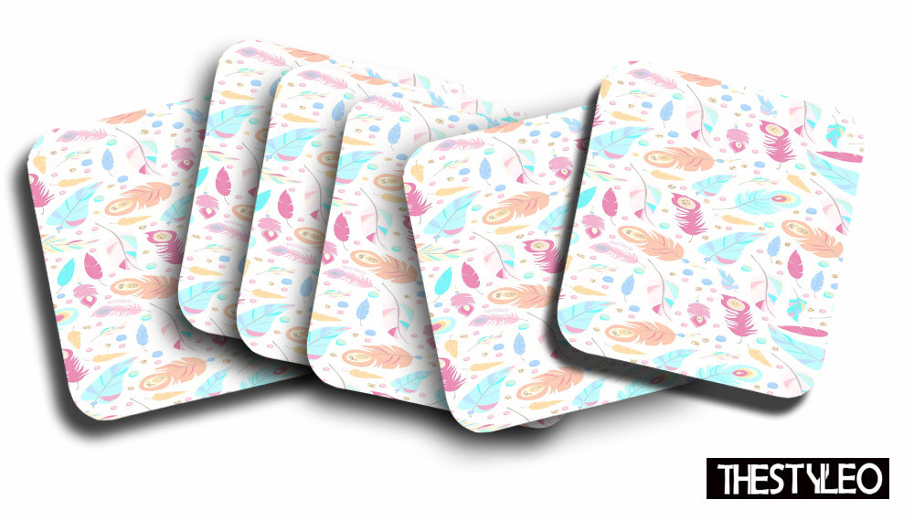 Boho Feather Designer Printed Square Tea Coasters With Stand (MDF Wooden, Set Of 6 Pieces Coaster And 1 Stand) Boho Feather Designer Printed Square Tea Coasters With Stand (MDF Wooden, Set Of 6 Pieces Coaster And 1 Stand)