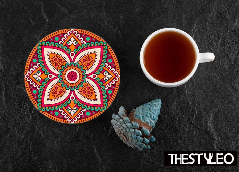 Flower Mandala Designer Printed Round Tea Coasters (MDF Wooden, Set Of 6 Pieces) Flower Mandala Designer Printed Round Tea Coasters (MDF Wooden, Set Of 6 Pieces)