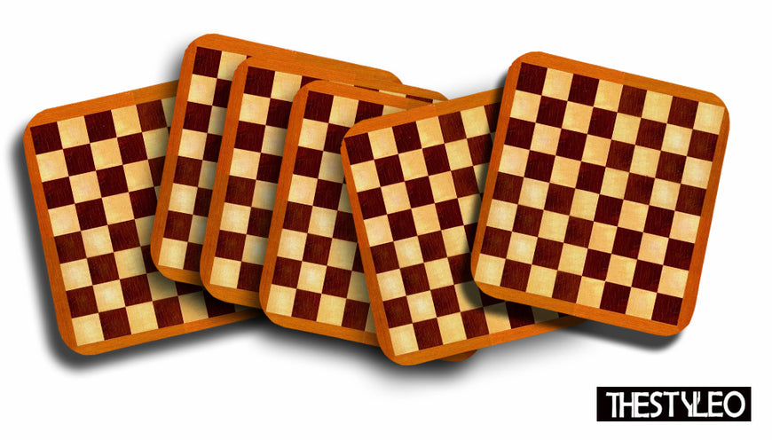 Chess Board Printed Mdf Wooden Printed Square Coasters For Home And Kitchen | Dining Table Decor (Set Of 6  Pieces)