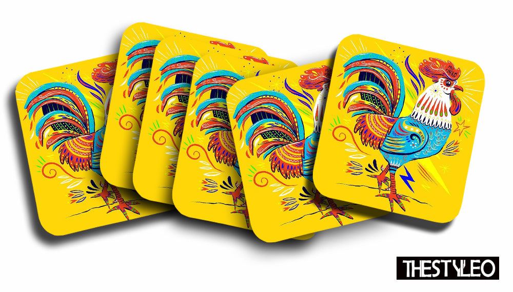 Colorful Rooster Wooden Designer Printed Square Tea Coasters (MDF Wooden, Set of 6 Pieces) Colorful Rooster Wooden Designer Printed Square Tea Coasters (MDF Wooden, Set of 6 Pieces)