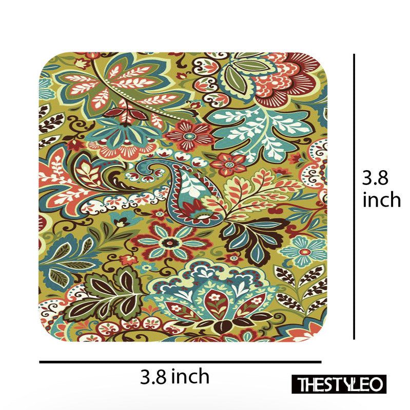 Flowers Designer Printed Square Tea Coasters With Stand (MDF Wooden, Set Of 6 Pieces Coaster And 1 Stand) Flowers
