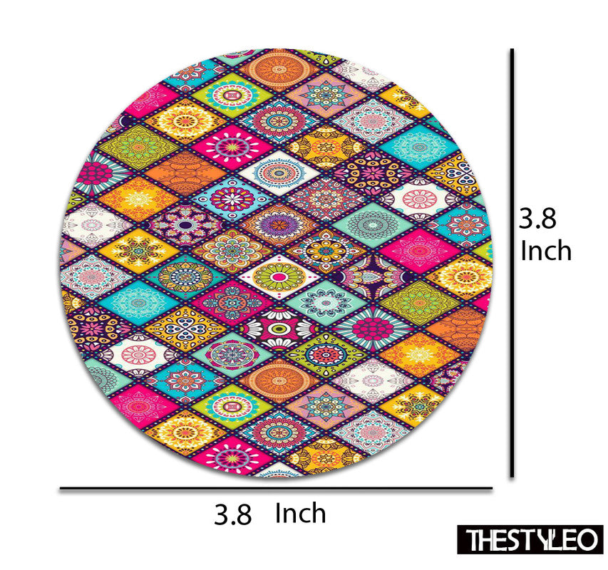 Rangoli Designer Printed Round Tea Coasters (MDF Wooden, Set Of 6 Pieces) Rangoli