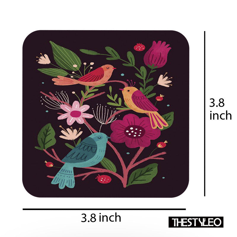 Folk Art Flowers Birds Designer Printed Square Tea Coasters With Stand (MDF Wooden, Set Of 6 Pieces Coaster And 1 Stand) Folk Art Flowers Birds