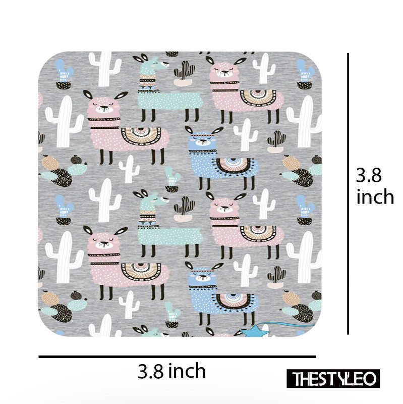 Llama Pattern Designer Printed Square Tea Coasters With Stand (MDF Wooden, Set Of 6 Pieces Coaster And 1 Stand) Llama Pattern
