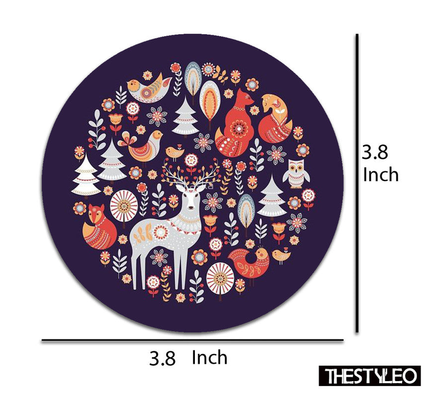 fox owl Pattern Designer Printed Round Tea Coasters (MDF Wooden, Set Of 6 Pieces) fox owl Pattern