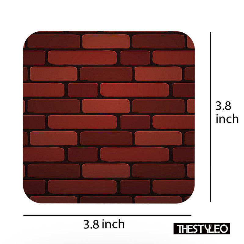 Red Brick Wall Wooden Designer Printed Square Tea Coasters (MDF Wooden, Set of 6 Pieces) Red Brick Wall Wooden