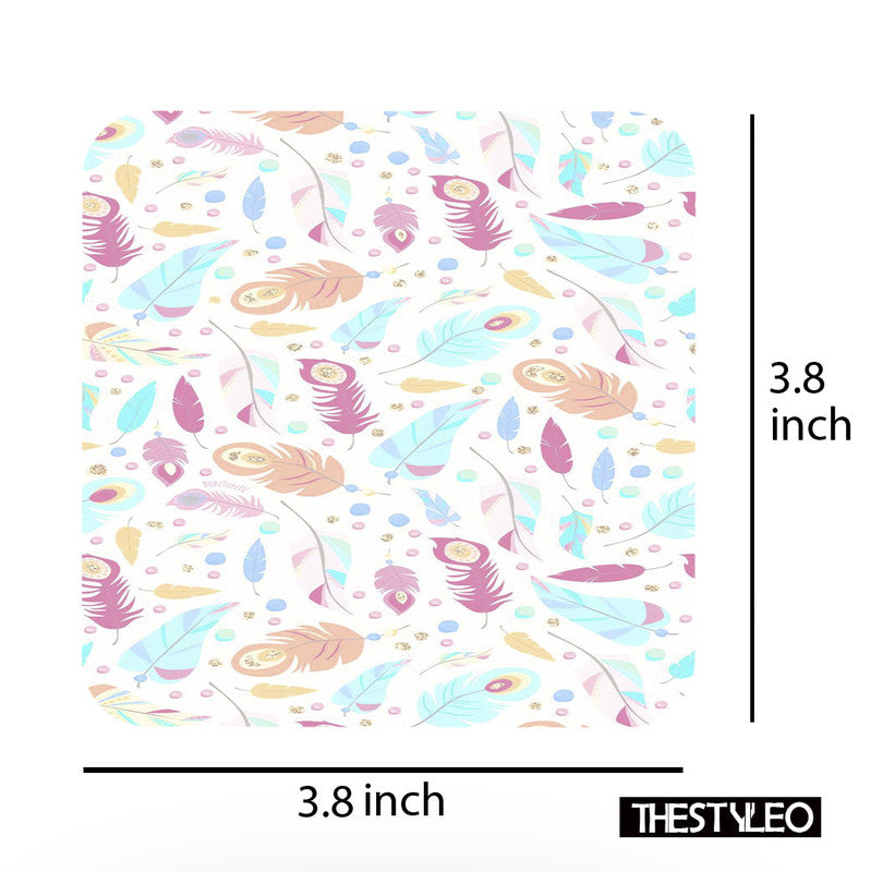 Boho Feather Designer Printed Square Tea Coasters With Stand (MDF Wooden, Set Of 6 Pieces Coaster And 1 Stand) Boho Feather