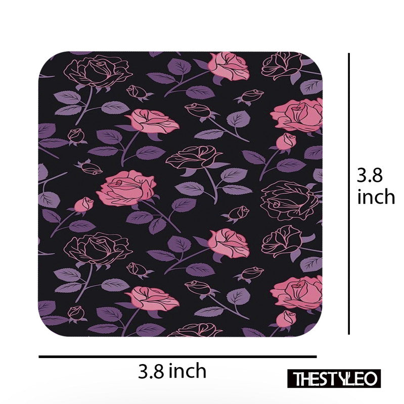 Pink Flower Designer Printed Square Tea Coasters With Stand (MDF Wooden, Set Of 6 Pieces Coaster And 1 Stand) Pink Flower